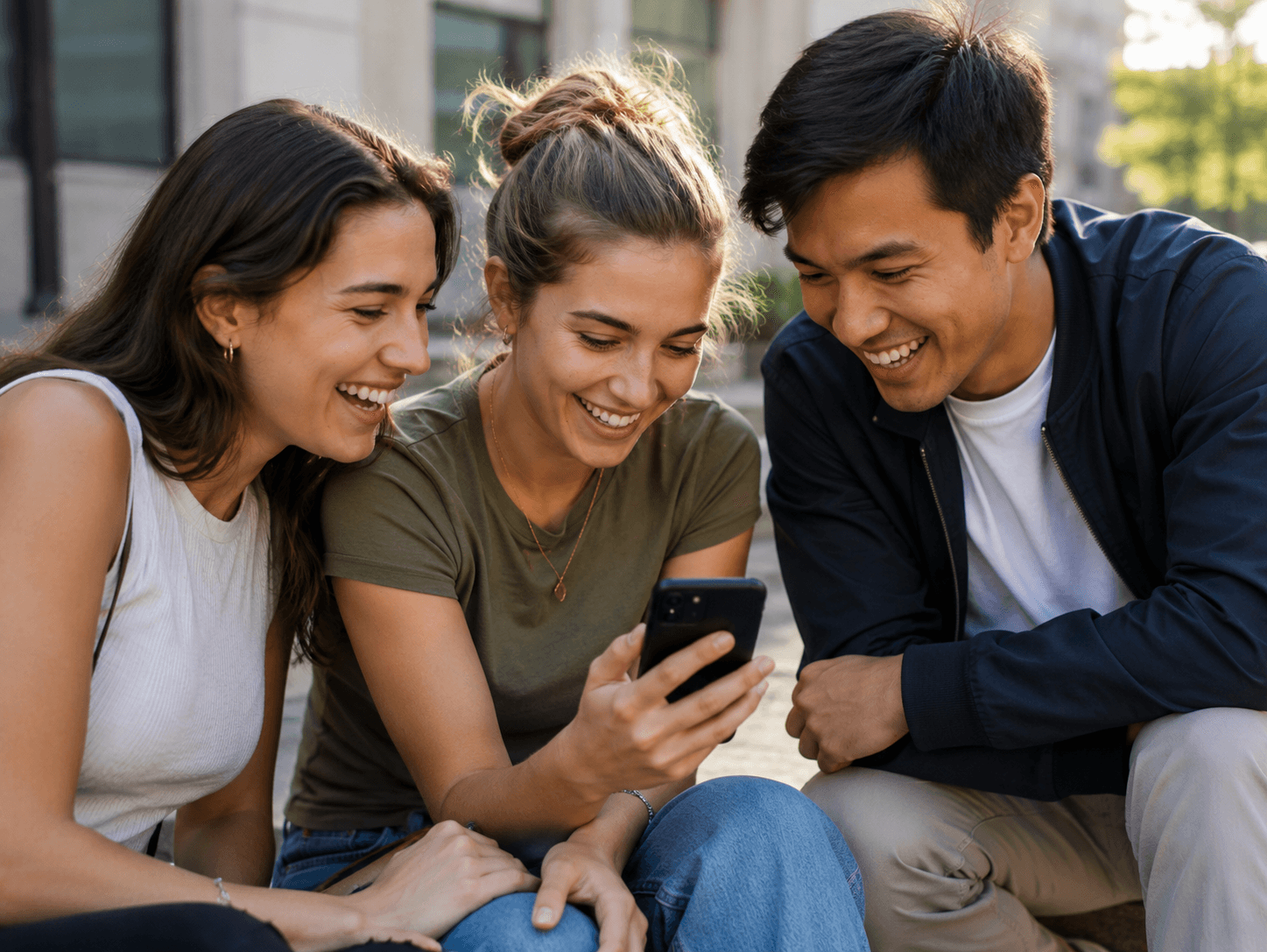Friends sharing a group buy deal on their phones